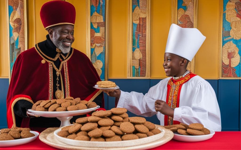 Sinterklaas en Zwarte Piet met pepernoten en speculaaspoppen